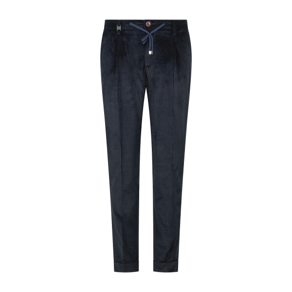 Barbati - Pantalone Gregory blu in velluto a coste strette con pence e coulisse