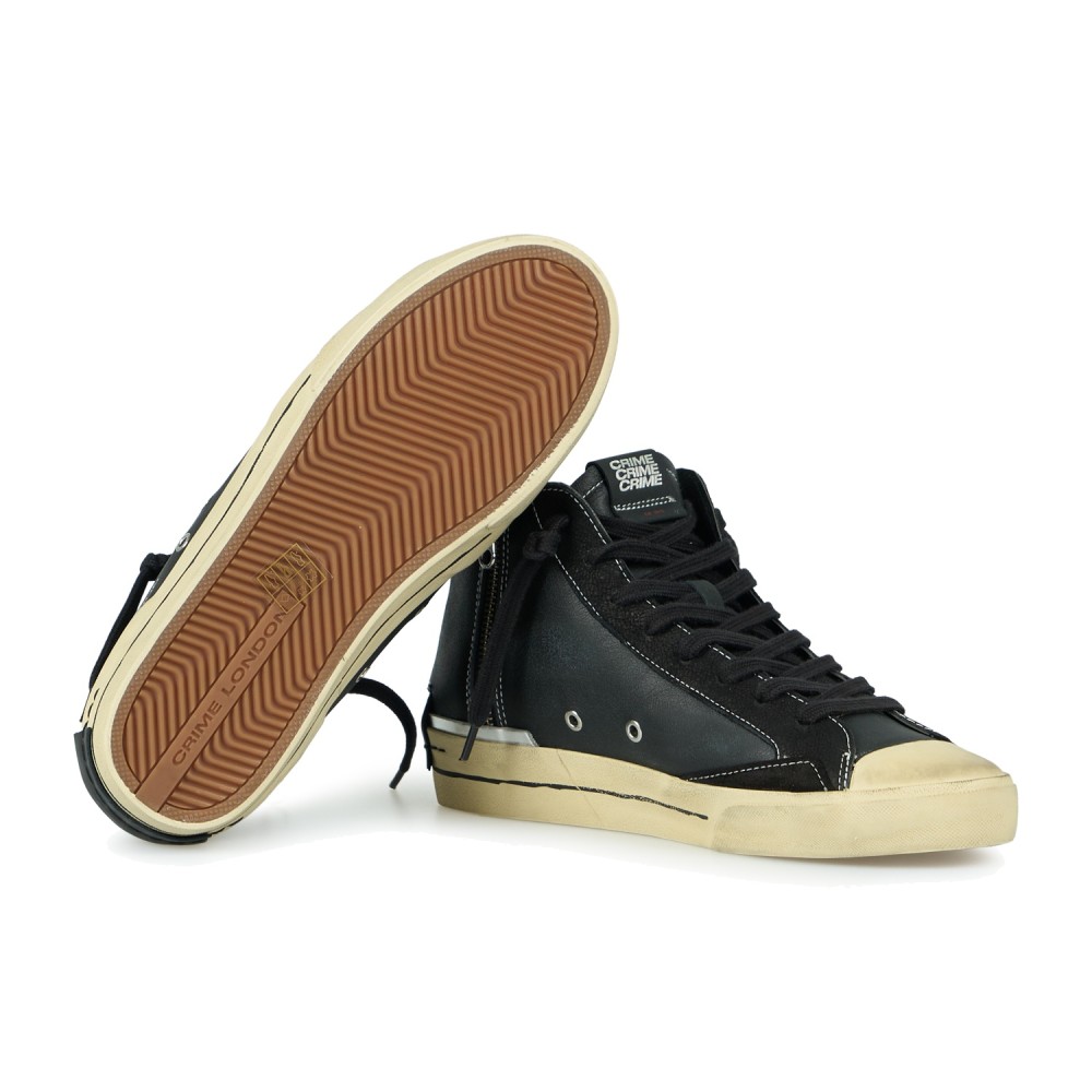 Crime London - Sneakers alta Midnight nera in pelle effetto distressed per uomo