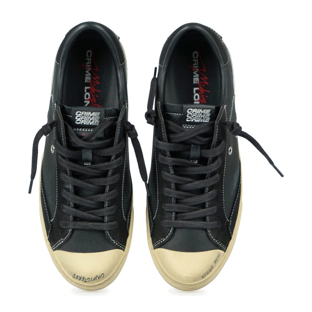 Crime London - Sneakers Midnight nera in pelle effetto distressed e talloncino