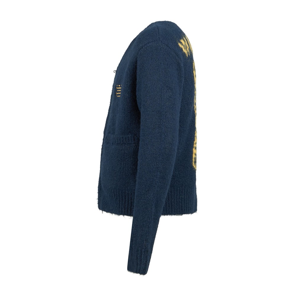 Woodbird - Cardigan blu con zip in misto lana con grafica tiger sul retro