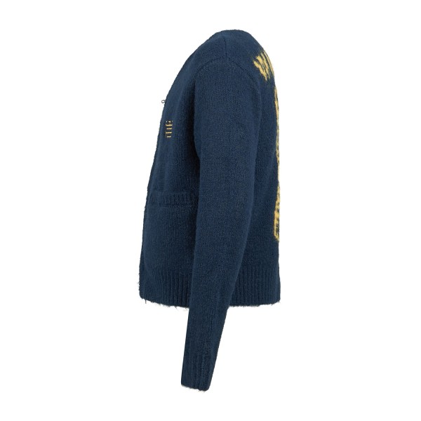 Woodbird - Cardigan blu con zip in misto lana con grafica tiger sul retro