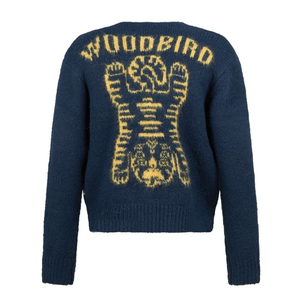 Woodbird - Cardigan blu con zip in misto lana con grafica tiger sul retro