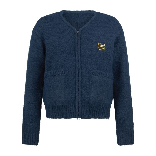 Woodbird - Cardigan blu con zip in misto lana con grafica tiger sul retro