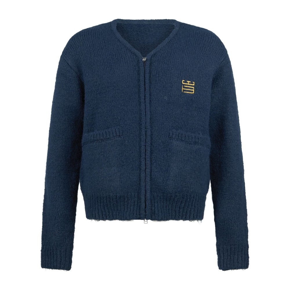 Woodbird - Cardigan blu con zip in misto lana con grafica tiger sul retro
