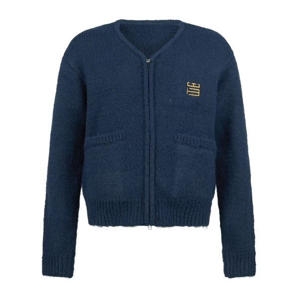 Woodbird - Cardigan blu con zip in misto lana con grafica tiger sul retro