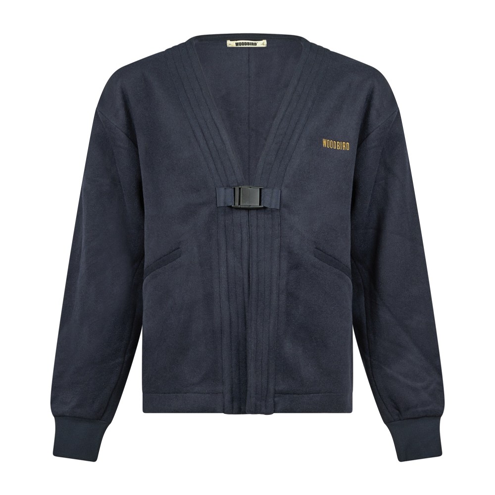 Woodbird - Cardigan kimono blu in pile e lana con fibbia e logo ricamato sul