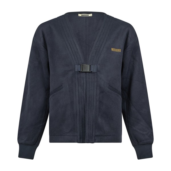 Woodbird - Cardigan kimono blu in pile e lana con fibbia e logo ricamato sul