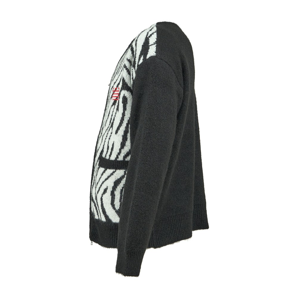 Woodbird - Cardigan nero con zip in misto lana fantasia animalier relaxed fit