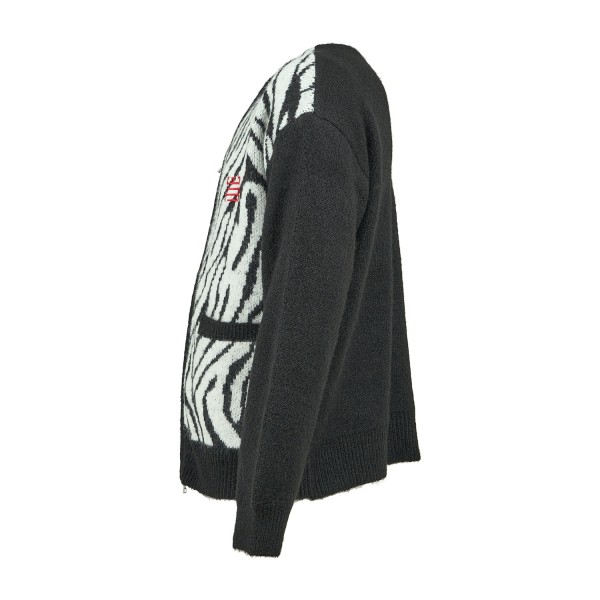 Woodbird - Cardigan nero con zip in misto lana fantasia animalier relaxed fit