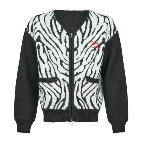Woodbird - Cardigan nero con zip in misto lana fantasia animalier relaxed fit