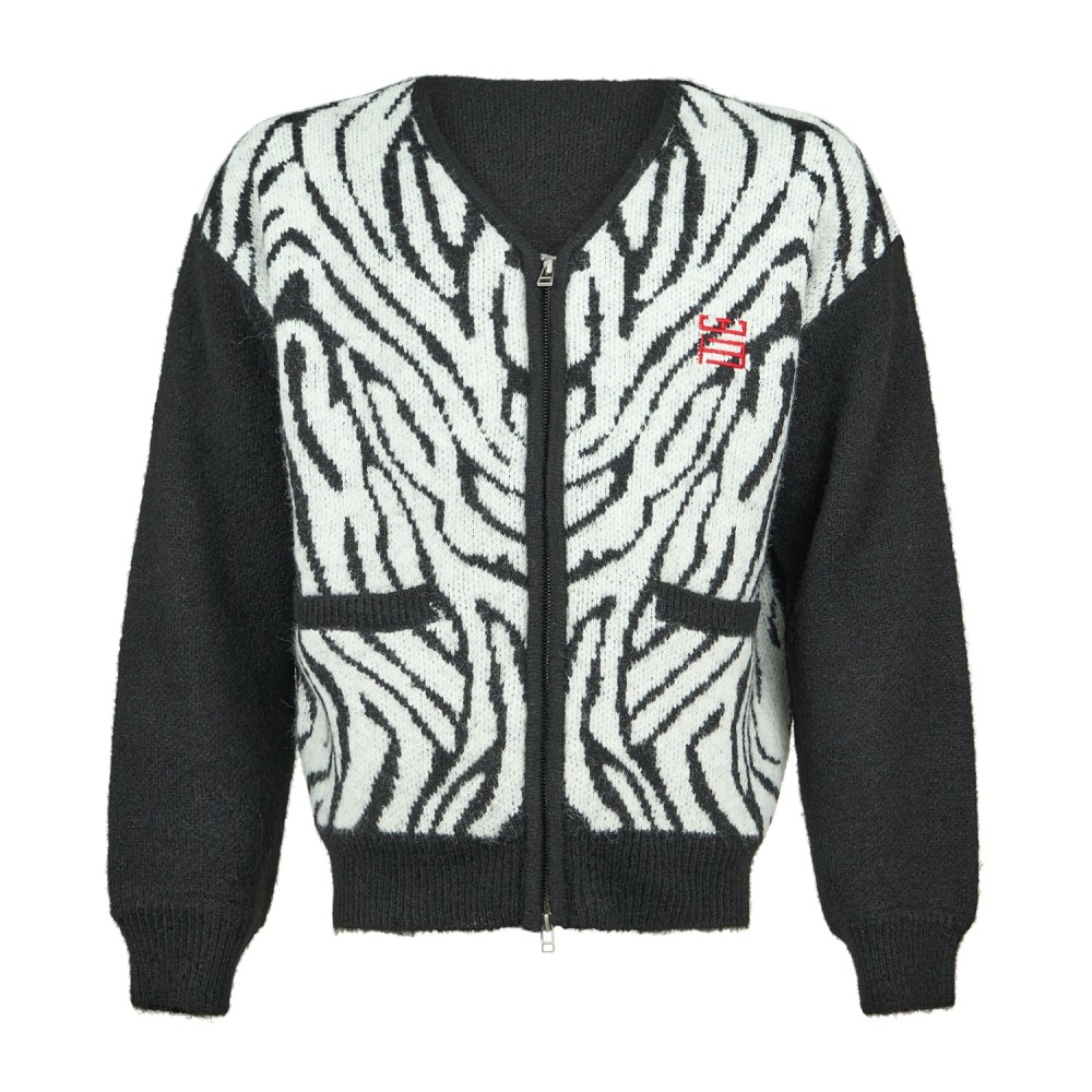 Woodbird - Cardigan nero con zip in misto lana fantasia animalier relaxed fit