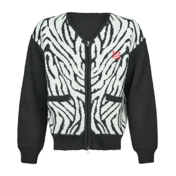 Woodbird - Cardigan nero con zip in misto lana fantasia animalier relaxed fit