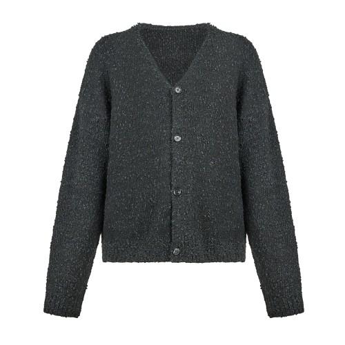 Woodbird - Cardigan nero in mistolana con lavorazione bouclé relaxed fit per