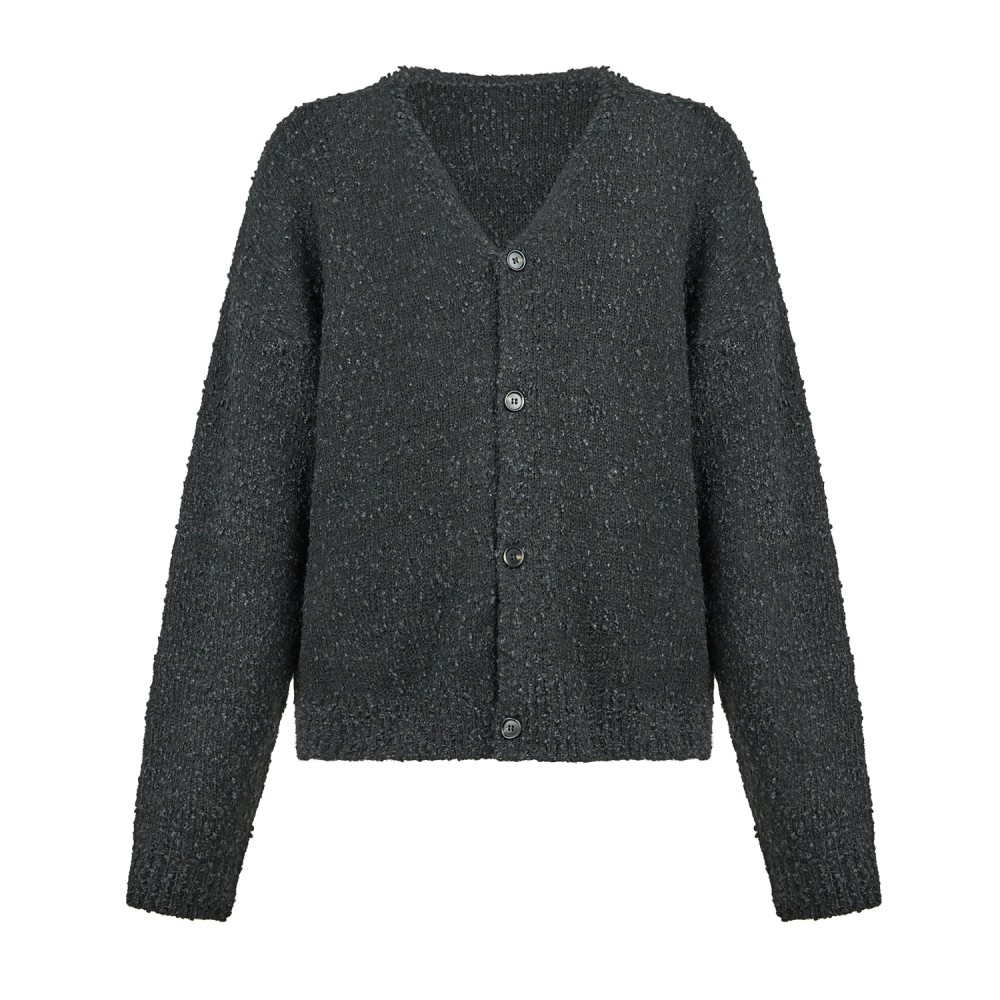 Woodbird - Cardigan nero in mistolana con lavorazione bouclé relaxed fit per