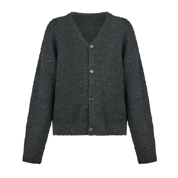 Woodbird - Cardigan nero in mistolana con lavorazione bouclé relaxed fit per