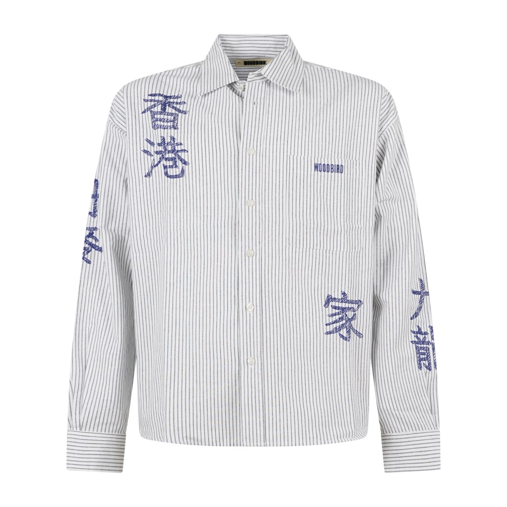 Woodbird - Camicia bianca maniche lunghe a righe con ricami per uomo | 2636-707