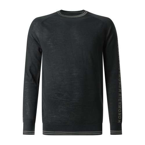 Richmond X - Maglione girocollo Japor nero in lana merino con logo sulle