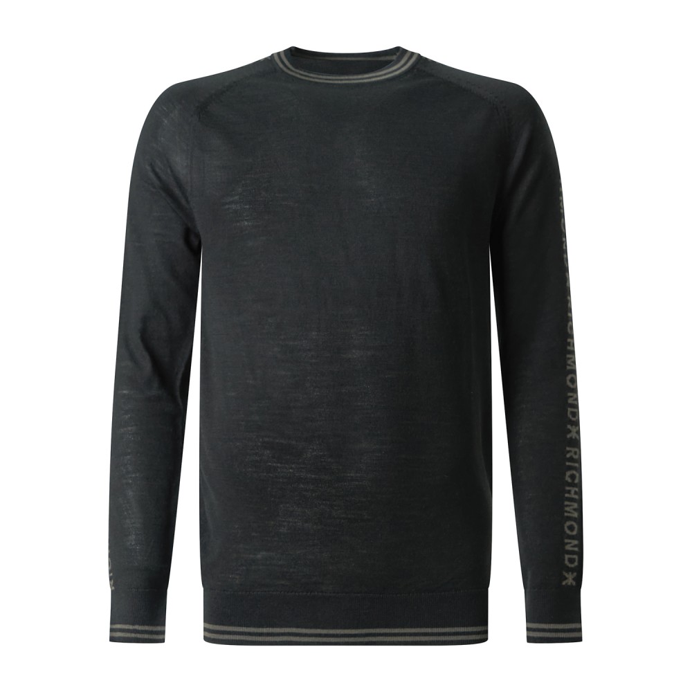 Richmond X - Maglione girocollo Japor nero in lana merino con logo sulle