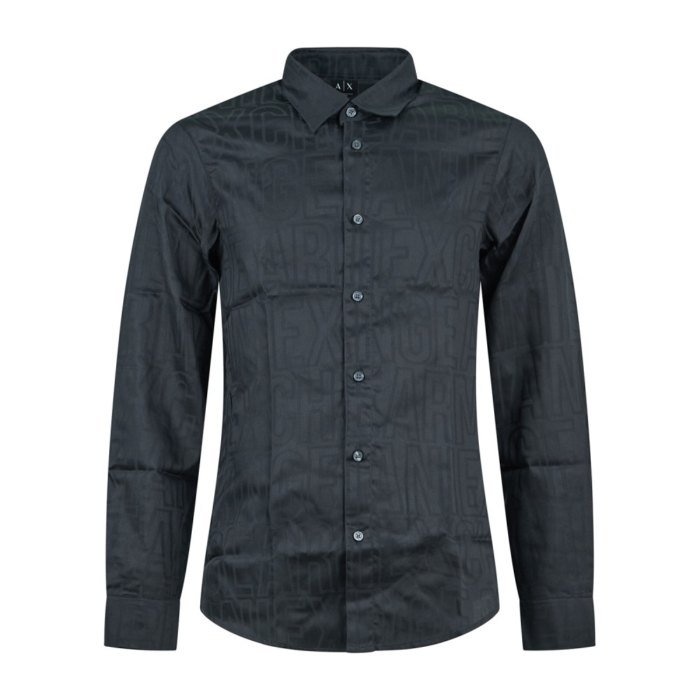 Armani Exchange - Camicia manica lunga nera in cotone logo all over regular fit