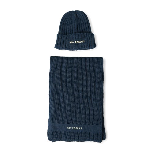 Roy Roger's - Set sciarpa e cappello blu in maglia di lana con stampa logo per