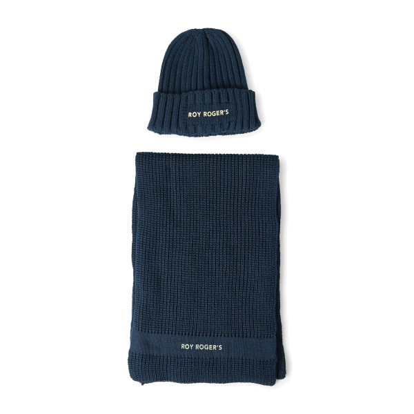 Roy Roger's - Set sciarpa e cappello blu in maglia di lana con stampa logo per