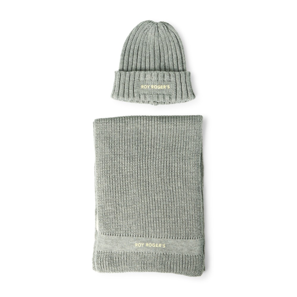 Roy Roger's - Set sciarpa e cappello grigio chiaro in maglia di lana con stampa