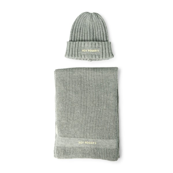 Roy Roger's - Set sciarpa e cappello grigio chiaro in maglia di lana con stampa