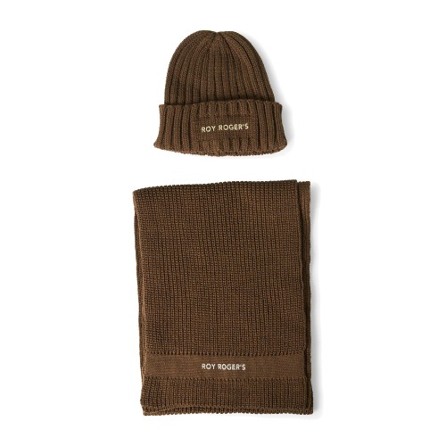 Roy Roger's - Set sciarpa e cappello marrone in maglia di lana con stampa logo