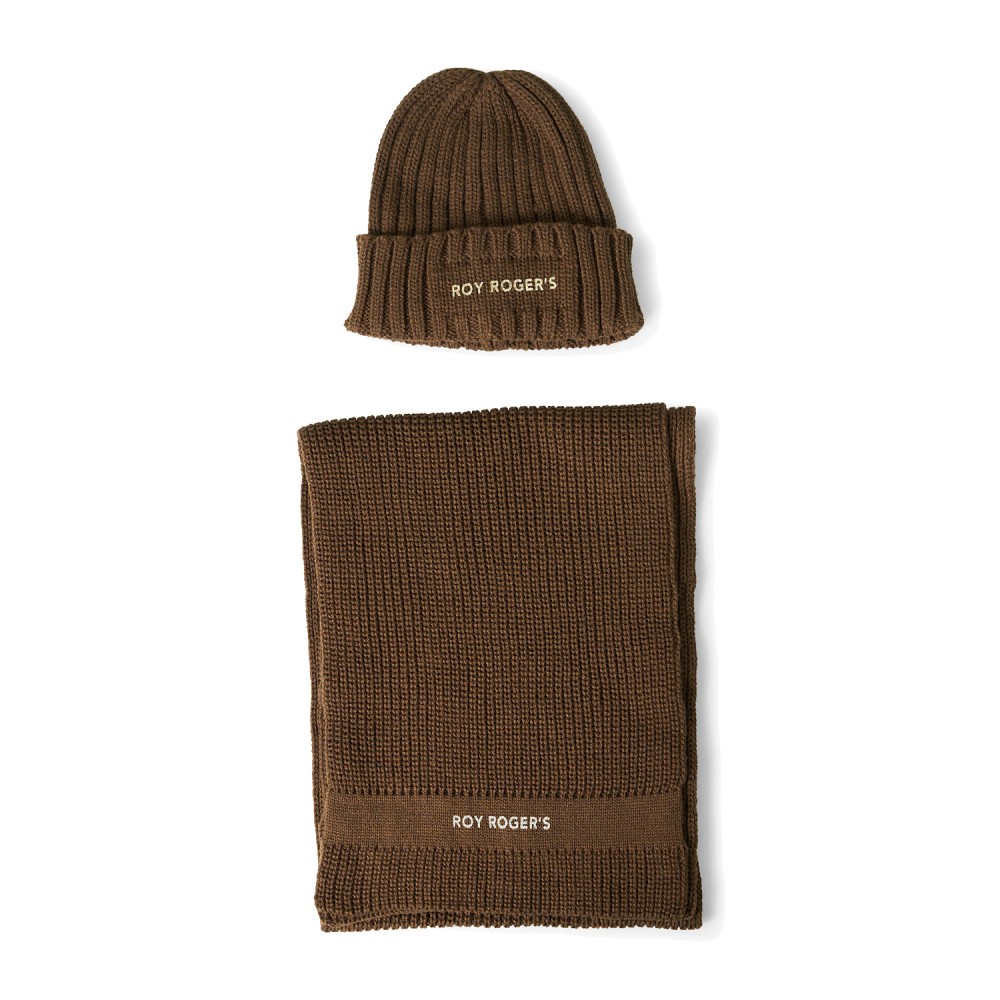 Roy Roger's - Set sciarpa e cappello marrone in maglia di lana con stampa logo