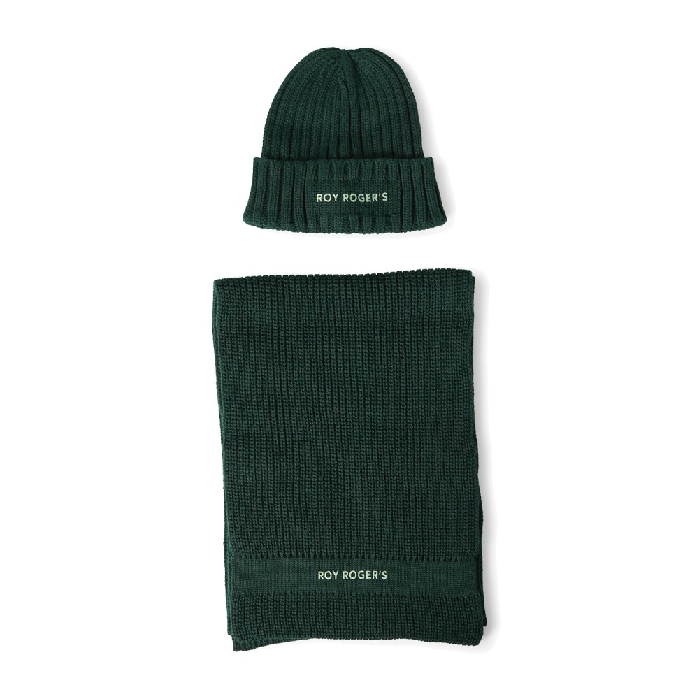 Roy Roger's - Set sciarpa e cappello verde in maglia di lana con stampa logo