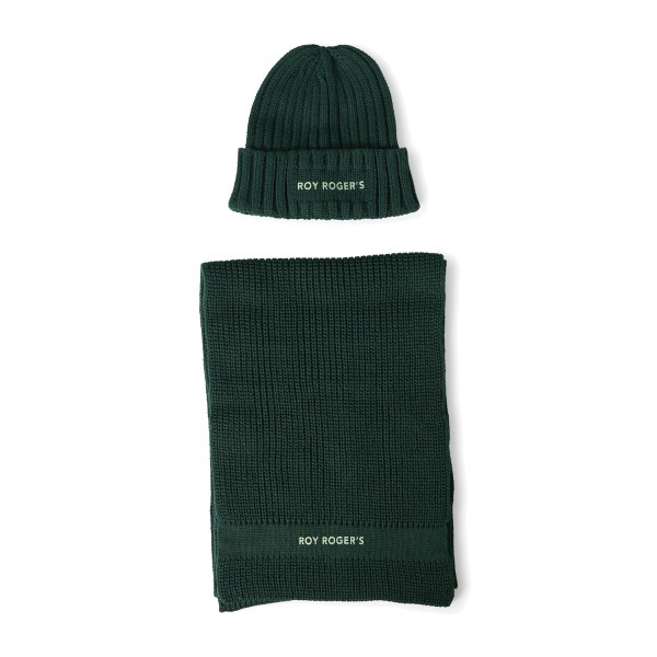 Roy Roger's - Set sciarpa e cappello verde in maglia di lana con stampa logo