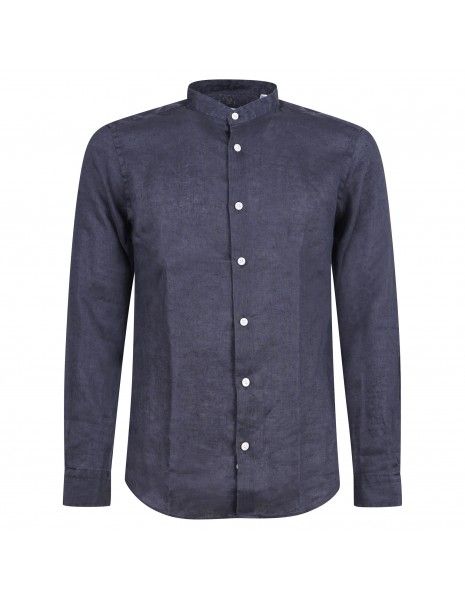 Lavorazione Sartoriale - Camicia blu coreana in lino custom fit per uomo |