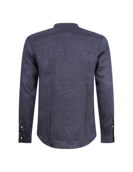 Lavorazione Sartoriale - Camicia blu coreana in lino custom fit per uomo |