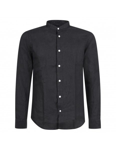 Lavorazione Sartoriale - Camicia nera coreana in lino custom fit per uomo |