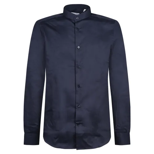 Lavorazione Sartoriale - Camicia blu coreana in cotone custom fit per uomo |