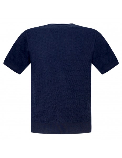 +39 Masq - T-shirt blu in maglia di cotone a manica corta con lavorazione per