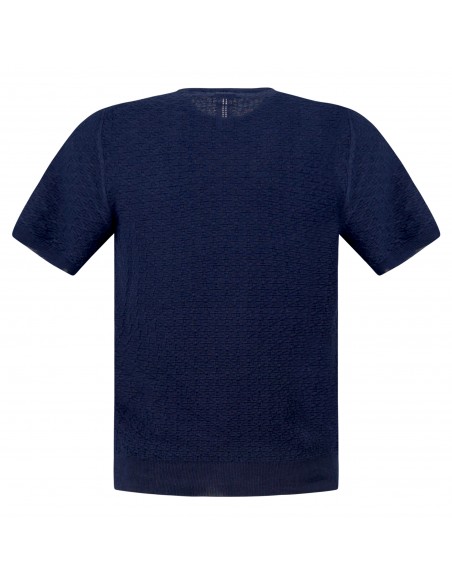 +39 Masq - T-shirt blu in maglia di cotone a manica corta con lavorazione per