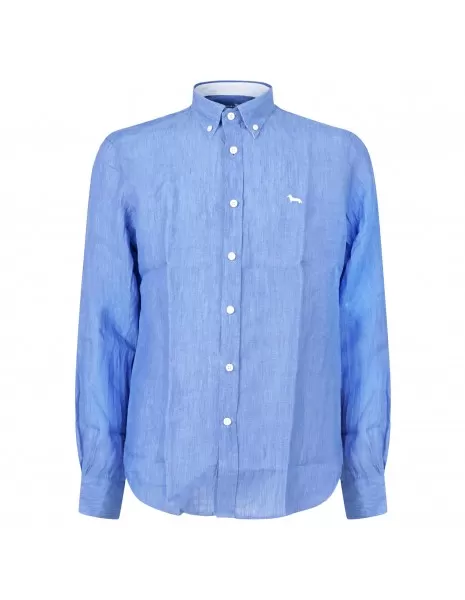 Harmont & Blaine - Camicia blu in lino con logo ricamato per uomo |